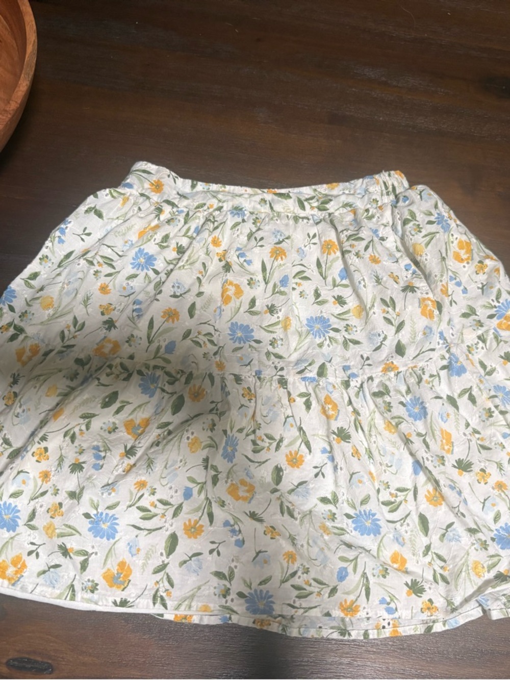 Japna White Floral Cotton Eyelet  Skirt - Yellow & Blue Floral